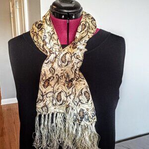 Chinese Paisley Print Silk Oblong Fringed Scarf